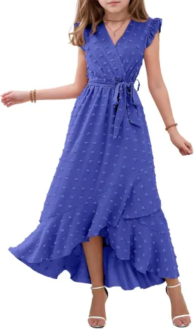 Girls Dresses 2025 Summer V Neck Dress Cap Sleeve Swiss Dot Boho Ruffle Slit Flowy High Low Long Maxi Dresses for Kids