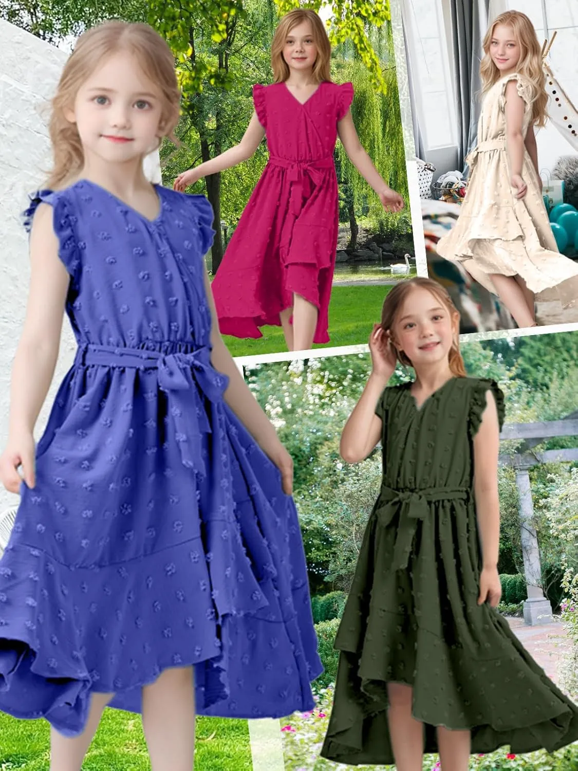 Girls Dresses 2025 Summer V Neck Dress Cap Sleeve Swiss Dot Boho Ruffle Slit Flowy High Low Long Maxi Dresses for Kids
