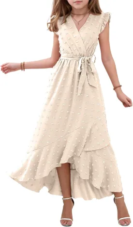 Girls Dresses 2025 Summer V Neck Dress Cap Sleeve Swiss Dot Boho Ruffle Slit Flowy High Low Long Maxi Dresses for Kids