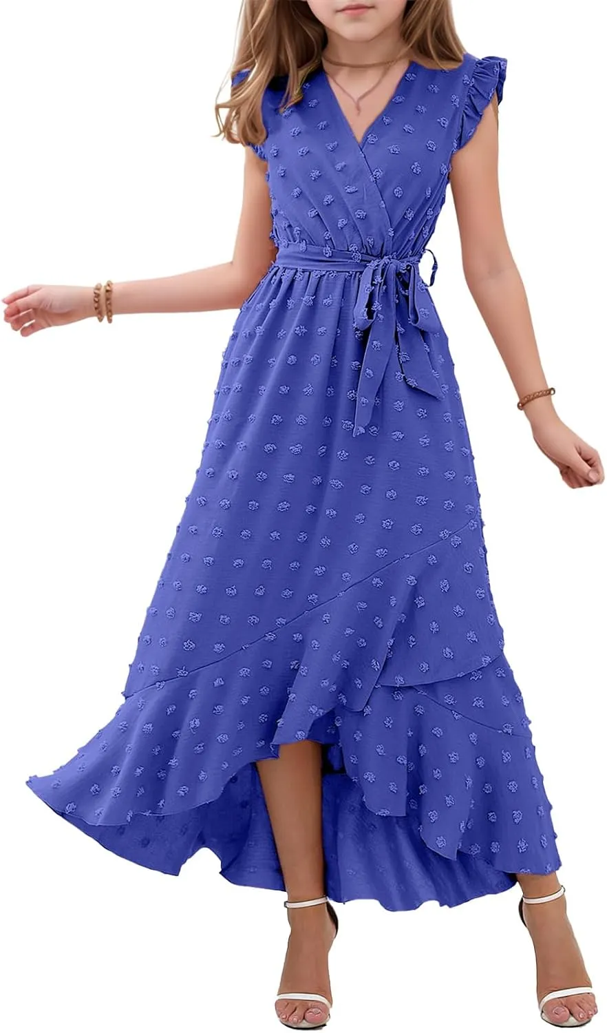 Girls Dresses 2025 Summer V Neck Dress Cap Sleeve Swiss Dot Boho Ruffle Slit Flowy High Low Long Maxi Dresses for Kids