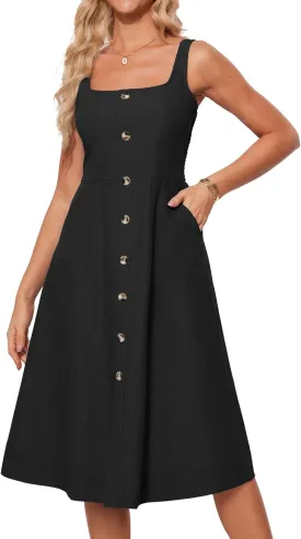 GRACE KARIN Women's Summer Dress 2025 Casual Square Neck Flattering A-Line Button Down Midi Tank Sundress with Pockets