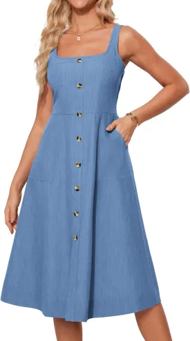 GRACE KARIN Women's Summer Dress 2025 Casual Square Neck Flattering A-Line Button Down Midi Tank Sundress with Pockets
