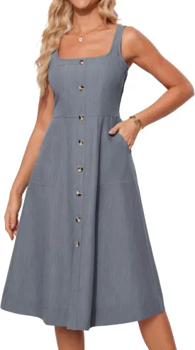 GRACE KARIN Women's Summer Dress 2025 Casual Square Neck Flattering A-Line Button Down Midi Tank Sundress with Pockets