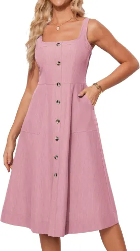 GRACE KARIN Women's Summer Dress 2025 Casual Square Neck Flattering A-Line Button Down Midi Tank Sundress with Pockets