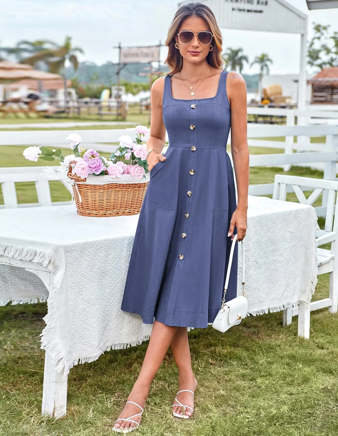 GRACE KARIN Women's Summer Dress 2025 Casual Square Neck Flattering A-Line Button Down Midi Tank Sundress with Pockets