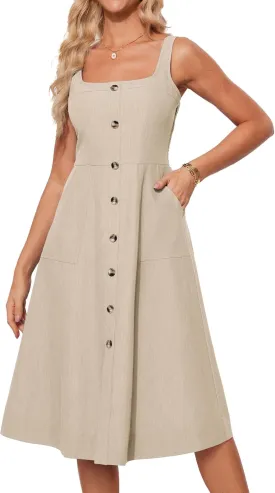 GRACE KARIN Women's Summer Dress 2025 Casual Square Neck Flattering A-Line Button Down Midi Tank Sundress with Pockets