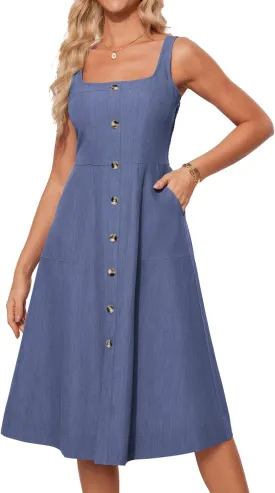 GRACE KARIN Women's Summer Dress 2025 Casual Square Neck Flattering A-Line Button Down Midi Tank Sundress with Pockets