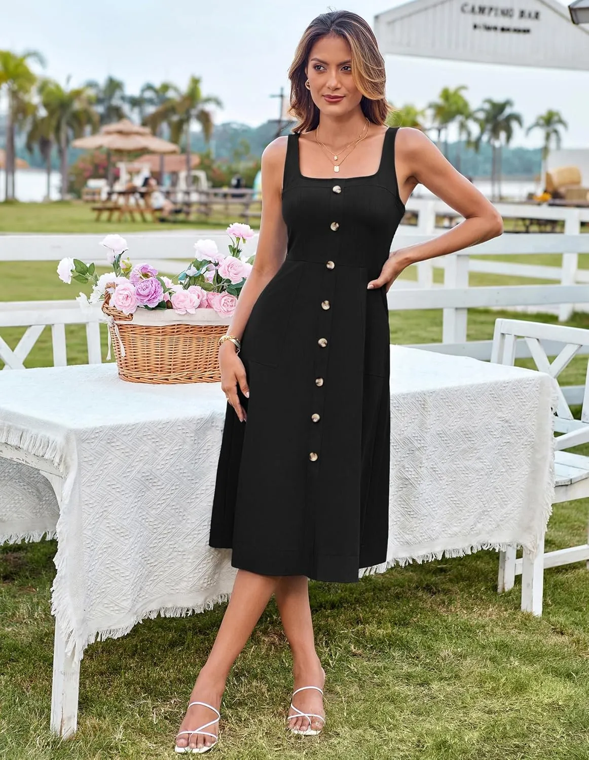 GRACE KARIN Women's Summer Dress 2025 Casual Square Neck Flattering A-Line Button Down Midi Tank Sundress with Pockets