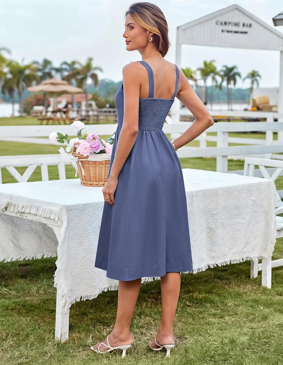 GRACE KARIN Women's Summer Dress 2025 Casual Square Neck Flattering A-Line Button Down Midi Tank Sundress with Pockets