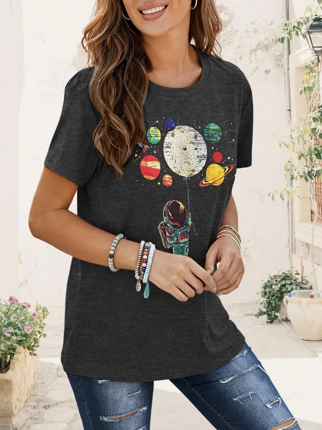 Graphic Shirt Women Cute Astronaut Moon Space Graphic Short Sleeve Tee Top