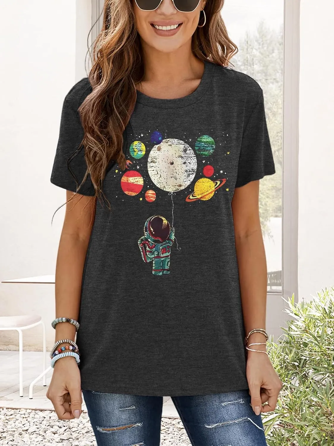 Graphic Shirt Women Cute Astronaut Moon Space Graphic Short Sleeve Tee Top