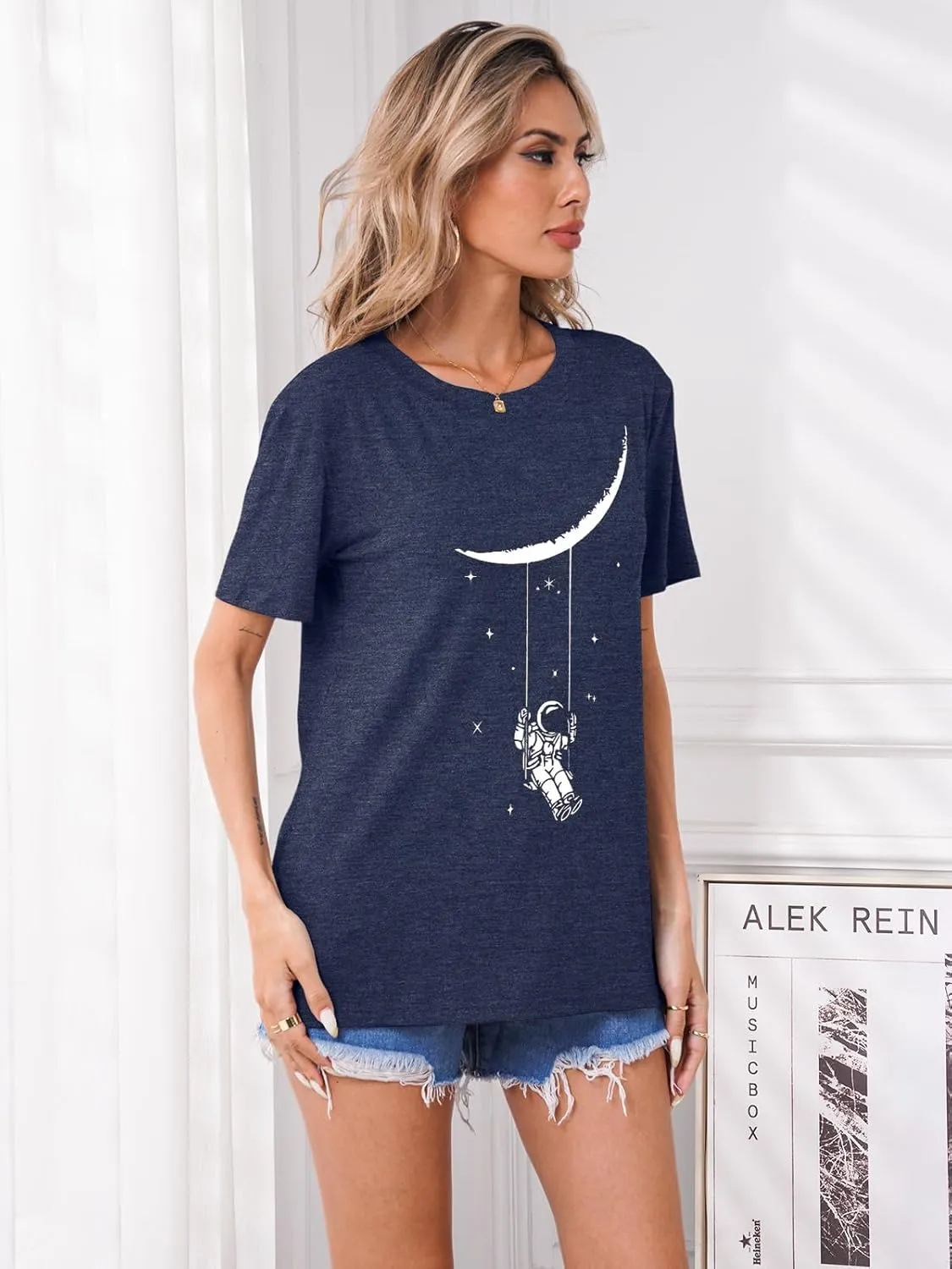Graphic Shirt Women Cute Astronaut Moon Space Graphic Short Sleeve Tee Top
