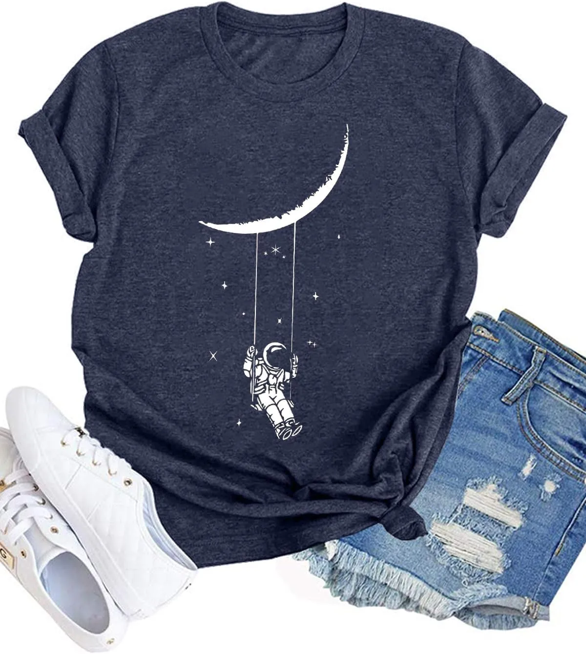 Graphic Shirt Women Cute Astronaut Moon Space Graphic Short Sleeve Tee Top