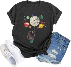 Graphic Shirt Women Cute Astronaut Moon Space Graphic Short Sleeve Tee Top