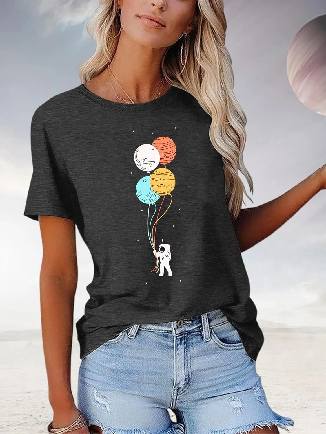 Graphic Shirt Women Cute Astronaut Moon Space Graphic Short Sleeve Tee Top