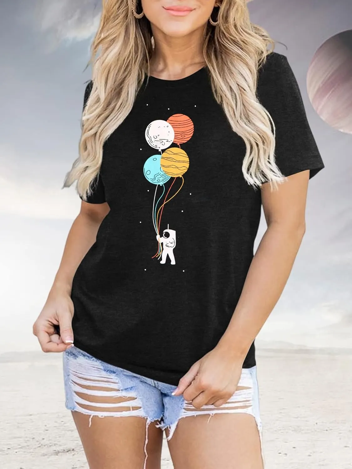 Graphic Shirt Women Cute Astronaut Moon Space Graphic Short Sleeve Tee Top