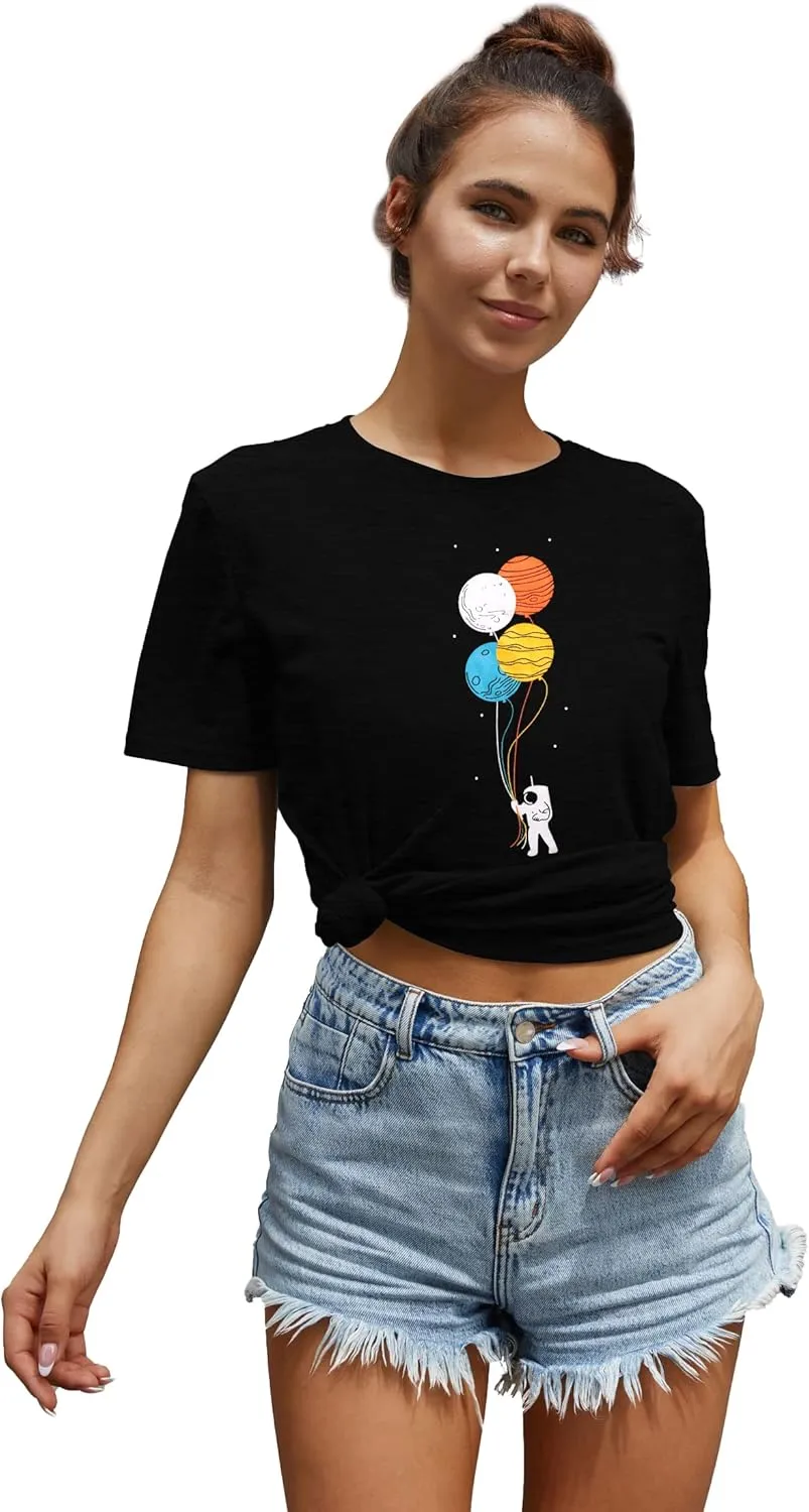 Graphic Shirt Women Cute Astronaut Moon Space Graphic Short Sleeve Tee Top