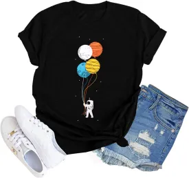 Graphic Shirt Women Cute Astronaut Moon Space Graphic Short Sleeve Tee Top