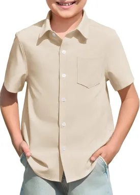 Haloumoning Boys Dress Shirts Button Down Short Sleeve Shirt Kids Summer Casual Shirts with Pockets 5-14 Years