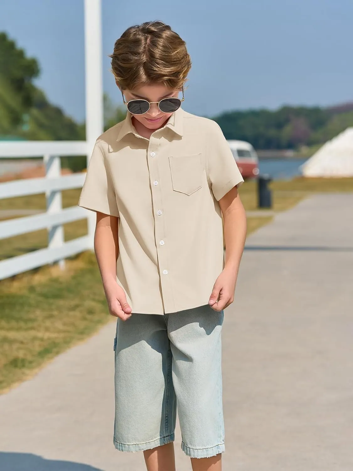 Haloumoning Boys Dress Shirts Button Down Short Sleeve Shirt Kids Summer Casual Shirts with Pockets 5-14 Years