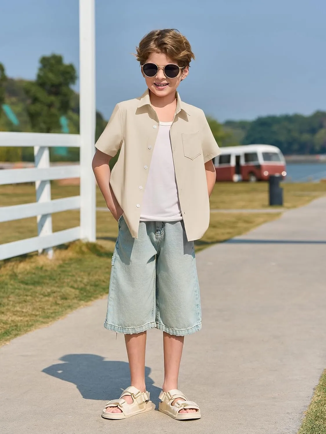 Haloumoning Boys Dress Shirts Button Down Short Sleeve Shirt Kids Summer Casual Shirts with Pockets 5-14 Years