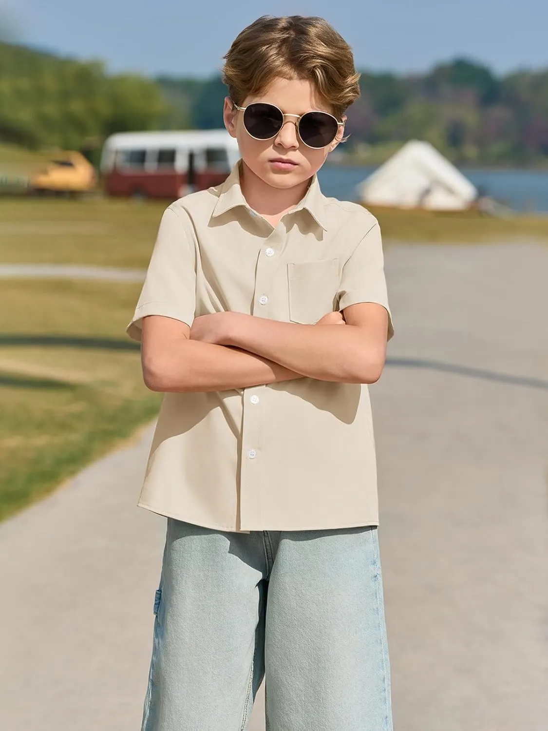 Haloumoning Boys Dress Shirts Button Down Short Sleeve Shirt Kids Summer Casual Shirts with Pockets 5-14 Years