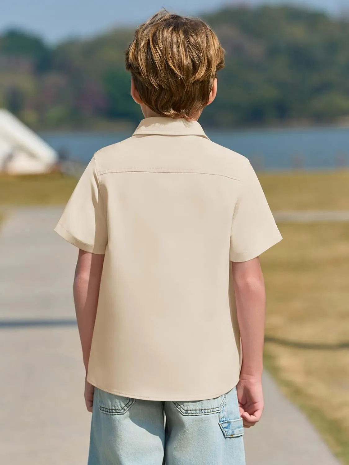 Haloumoning Boys Dress Shirts Button Down Short Sleeve Shirt Kids Summer Casual Shirts with Pockets 5-14 Years