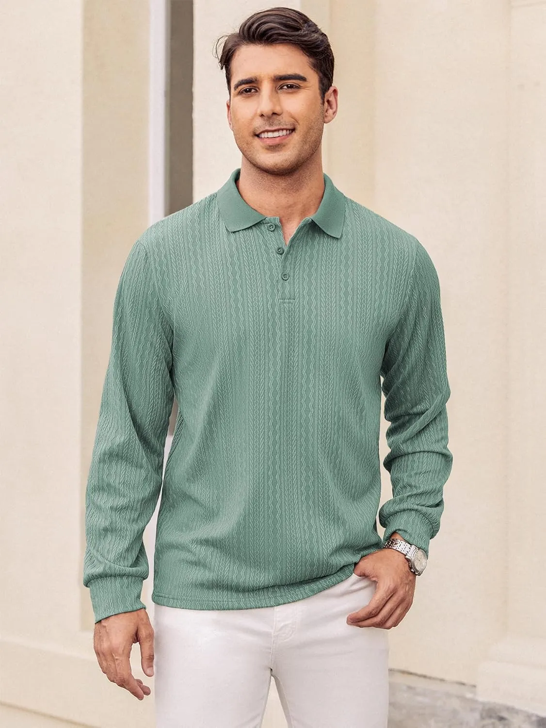 Hardaddy Men's Long Sleeve Textured Polo Shirts Casual T-Shirts Lightweight Collar Shirts