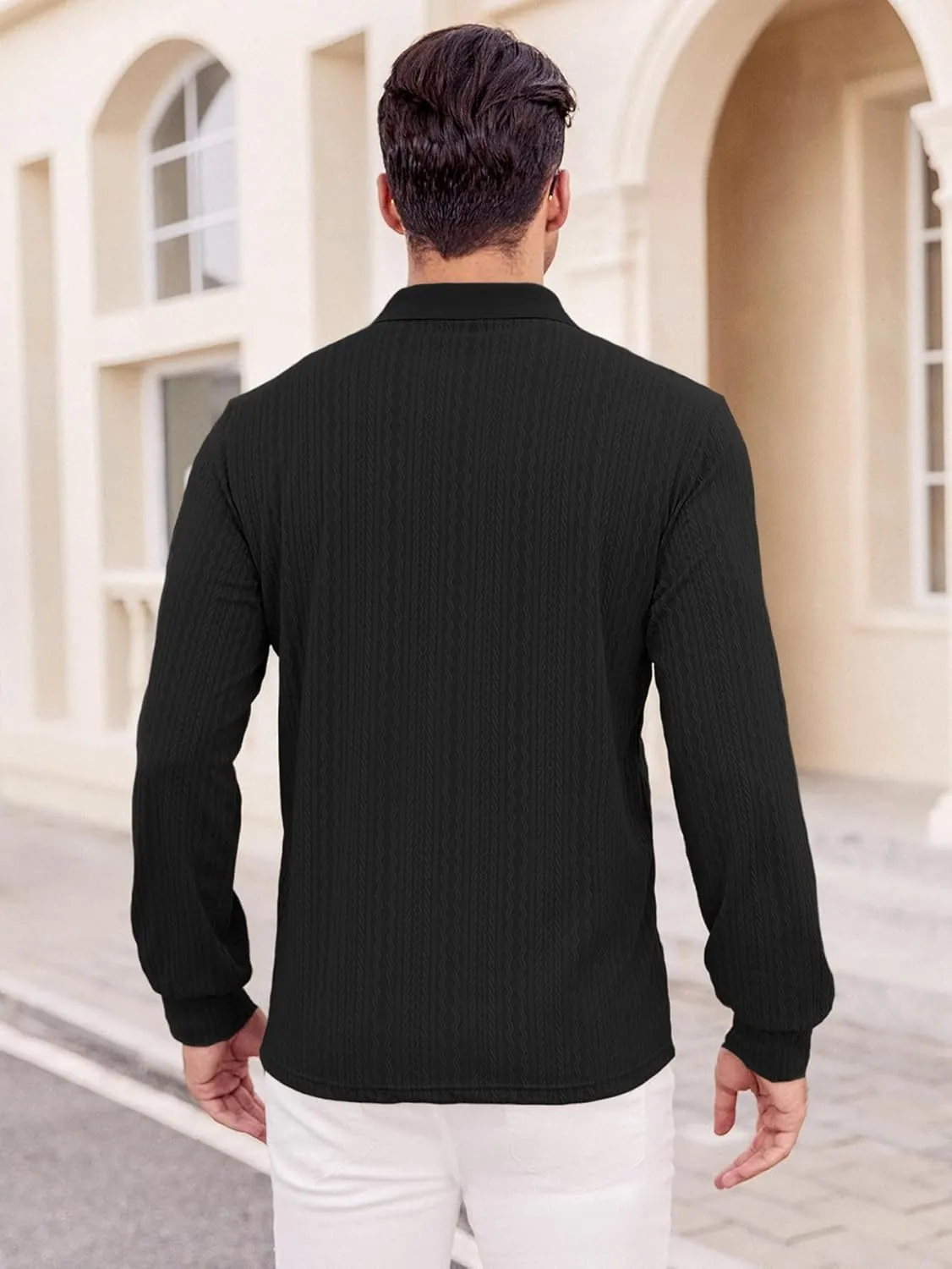 Hardaddy Men's Long Sleeve Textured Polo Shirts Casual T-Shirts Lightweight Collar Shirts