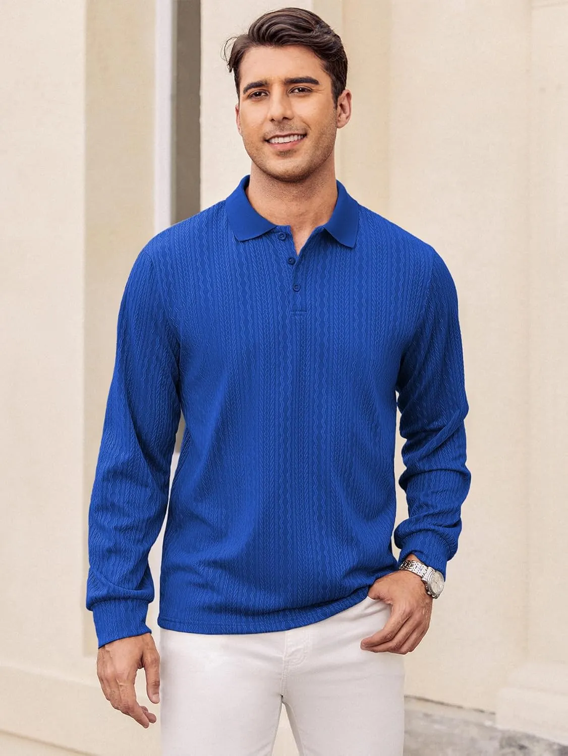Hardaddy Men's Long Sleeve Textured Polo Shirts Casual T-Shirts Lightweight Collar Shirts