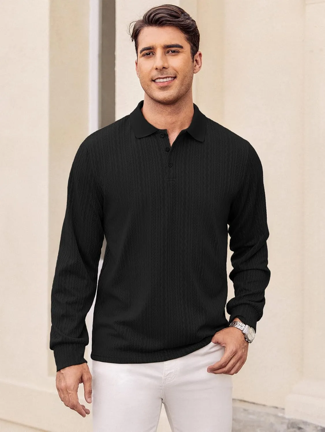 Hardaddy Men's Long Sleeve Textured Polo Shirts Casual T-Shirts Lightweight Collar Shirts