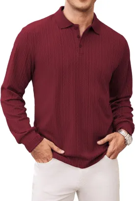 Hardaddy Men's Long Sleeve Textured Polo Shirts Casual T-Shirts Lightweight Collar Shirts