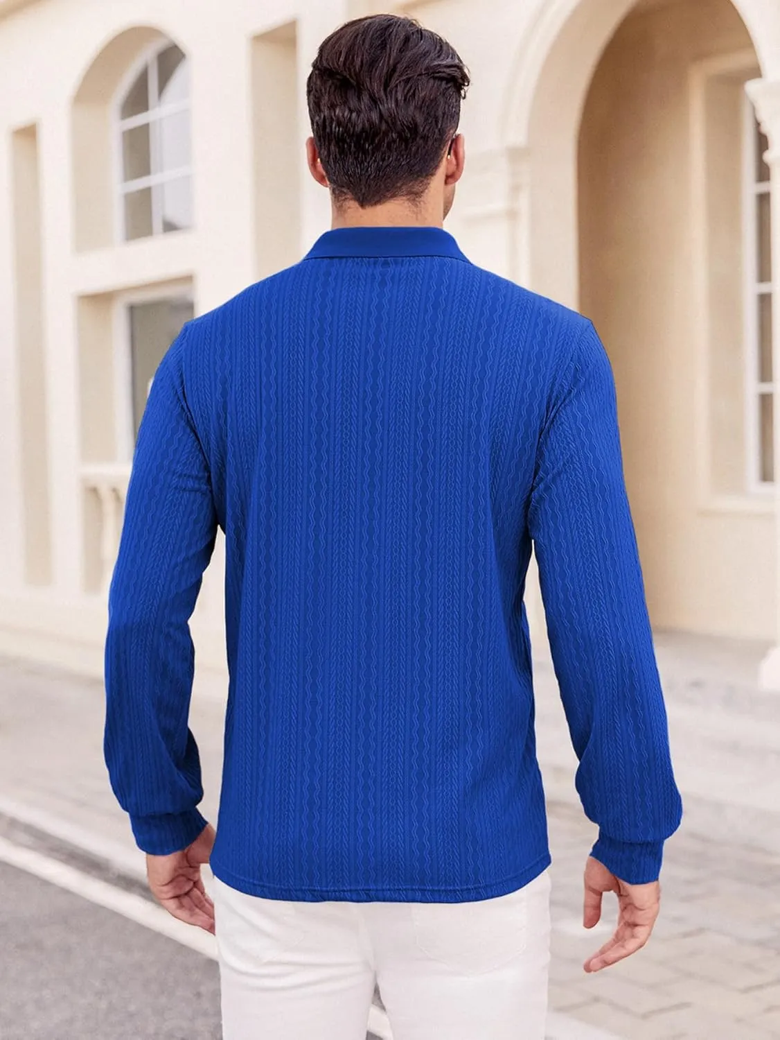Hardaddy Men's Long Sleeve Textured Polo Shirts Casual T-Shirts Lightweight Collar Shirts