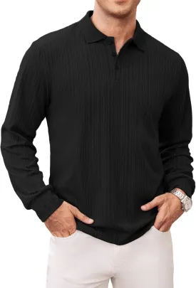Hardaddy Men's Long Sleeve Textured Polo Shirts Casual T-Shirts Lightweight Collar Shirts