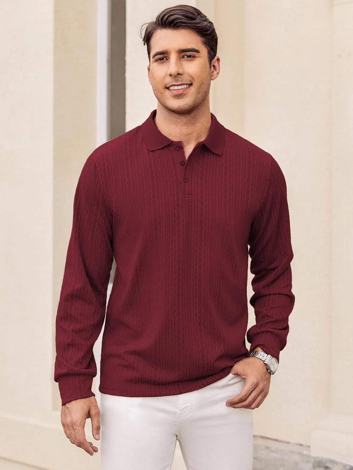 Hardaddy Men's Long Sleeve Textured Polo Shirts Casual T-Shirts Lightweight Collar Shirts
