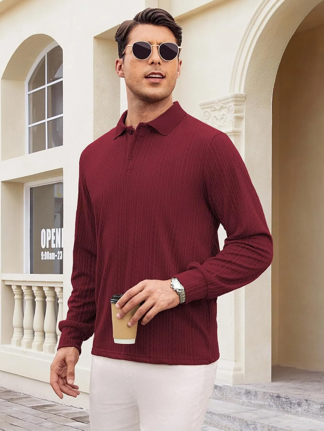 Hardaddy Men's Long Sleeve Textured Polo Shirts Casual T-Shirts Lightweight Collar Shirts
