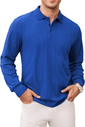 Hardaddy Men's Long Sleeve Textured Polo Shirts Casual T-Shirts Lightweight Collar Shirts