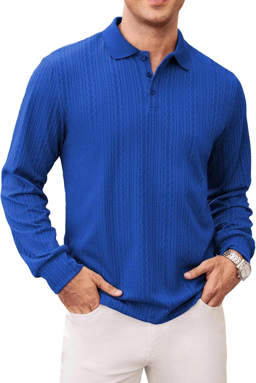 Hardaddy Men's Long Sleeve Textured Polo Shirts Casual T-Shirts Lightweight Collar Shirts
