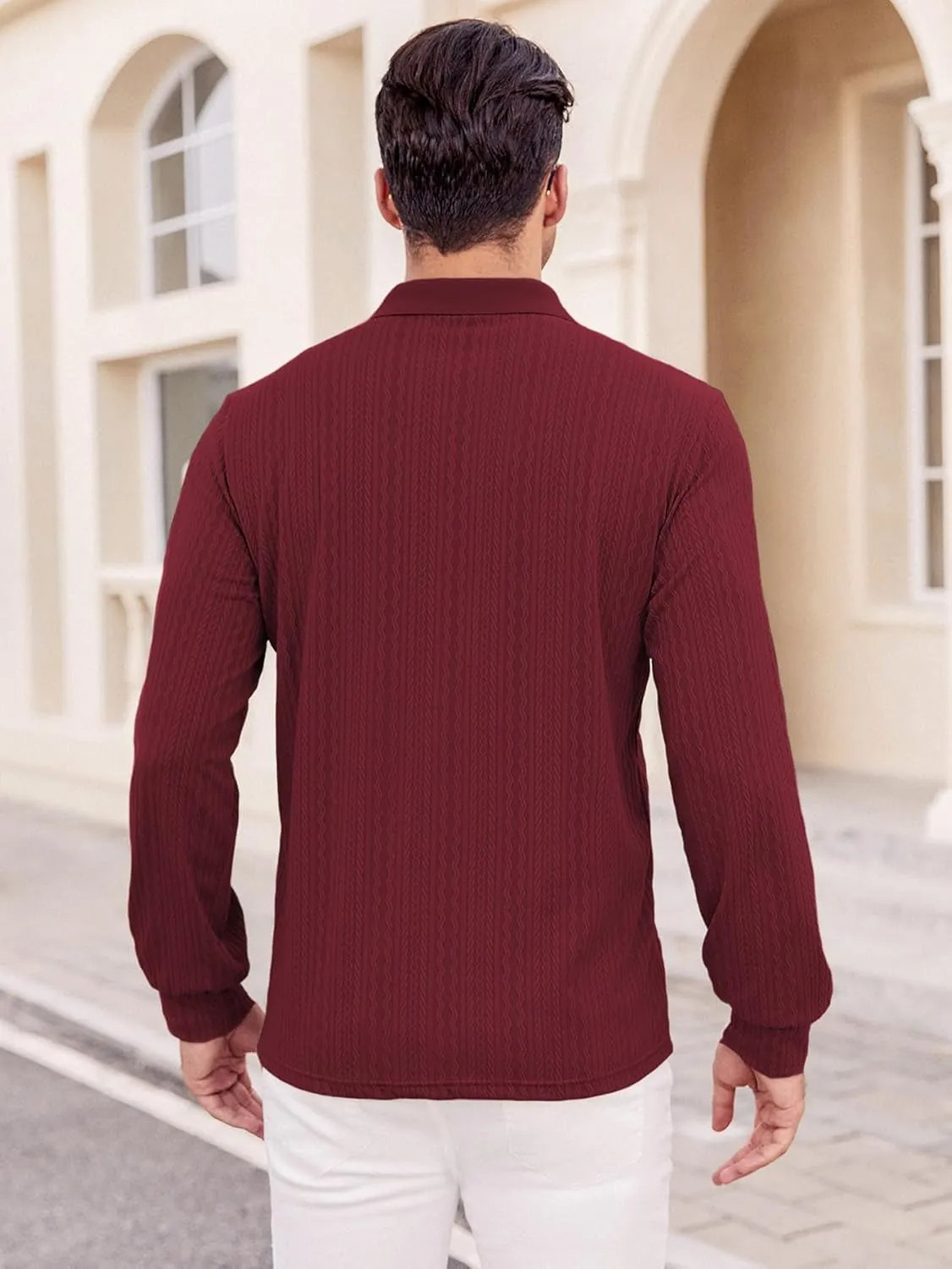 Hardaddy Men's Long Sleeve Textured Polo Shirts Casual T-Shirts Lightweight Collar Shirts