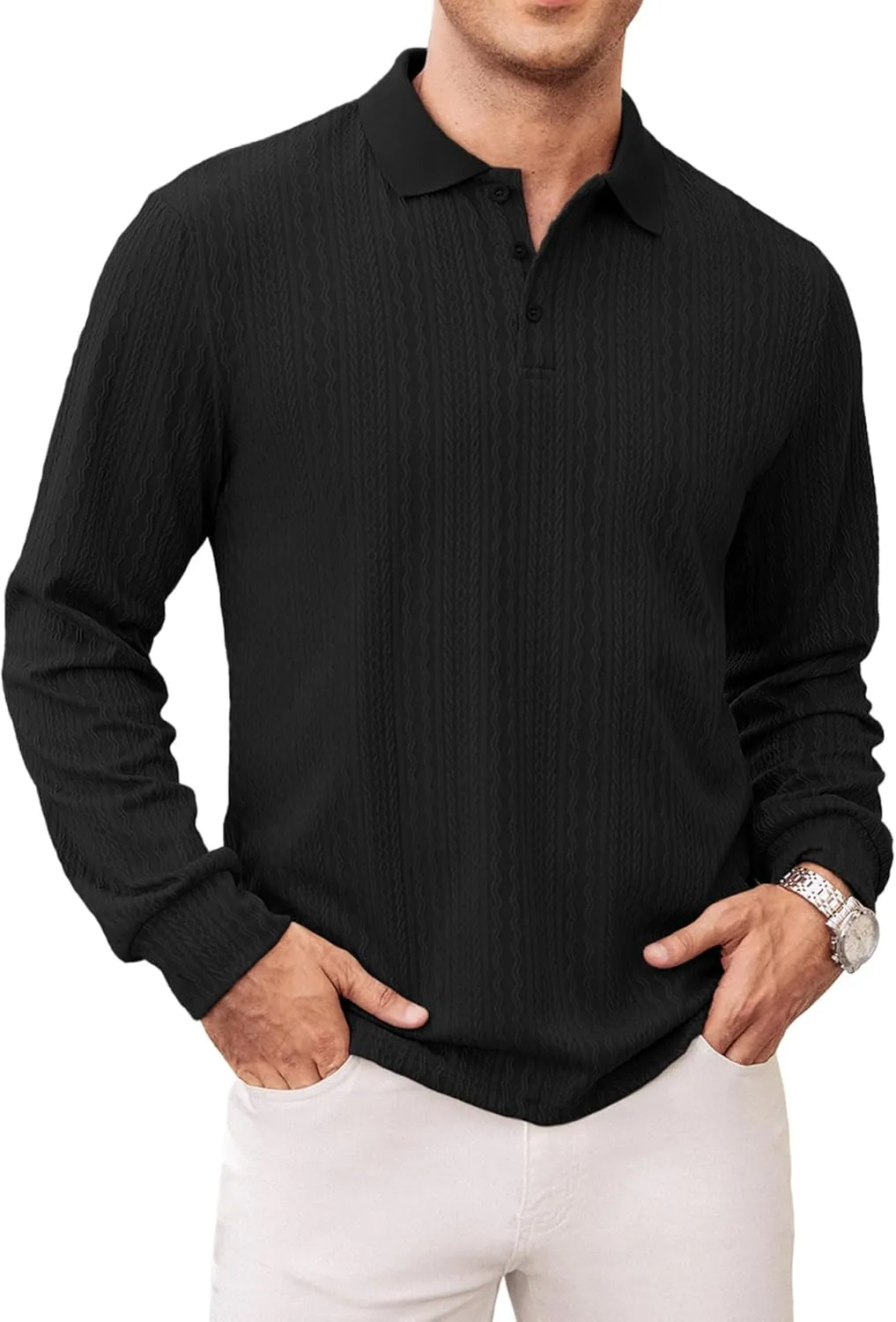 Hardaddy Men's Long Sleeve Textured Polo Shirts Casual T-Shirts Lightweight Collar Shirts
