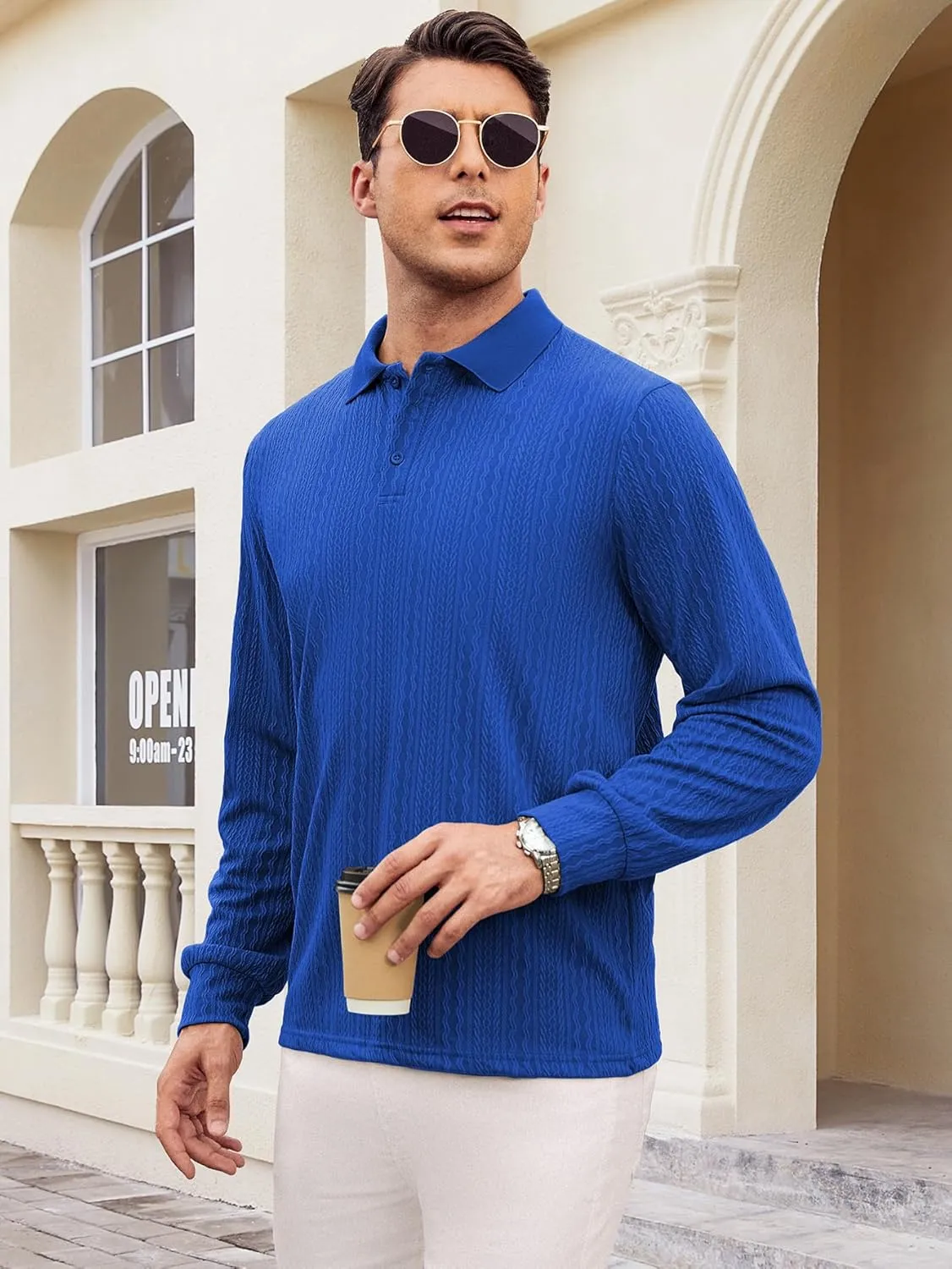Hardaddy Men's Long Sleeve Textured Polo Shirts Casual T-Shirts Lightweight Collar Shirts