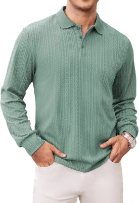 Hardaddy Men's Long Sleeve Textured Polo Shirts Casual T-Shirts Lightweight Collar Shirts