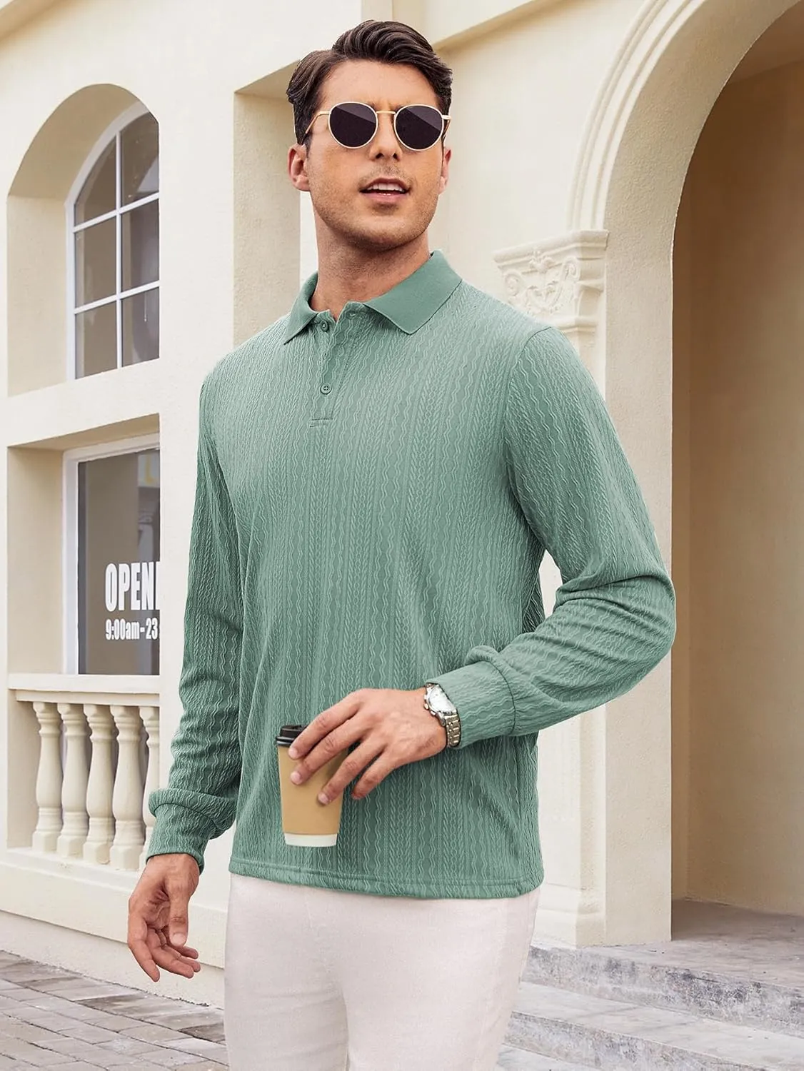Hardaddy Men's Long Sleeve Textured Polo Shirts Casual T-Shirts Lightweight Collar Shirts