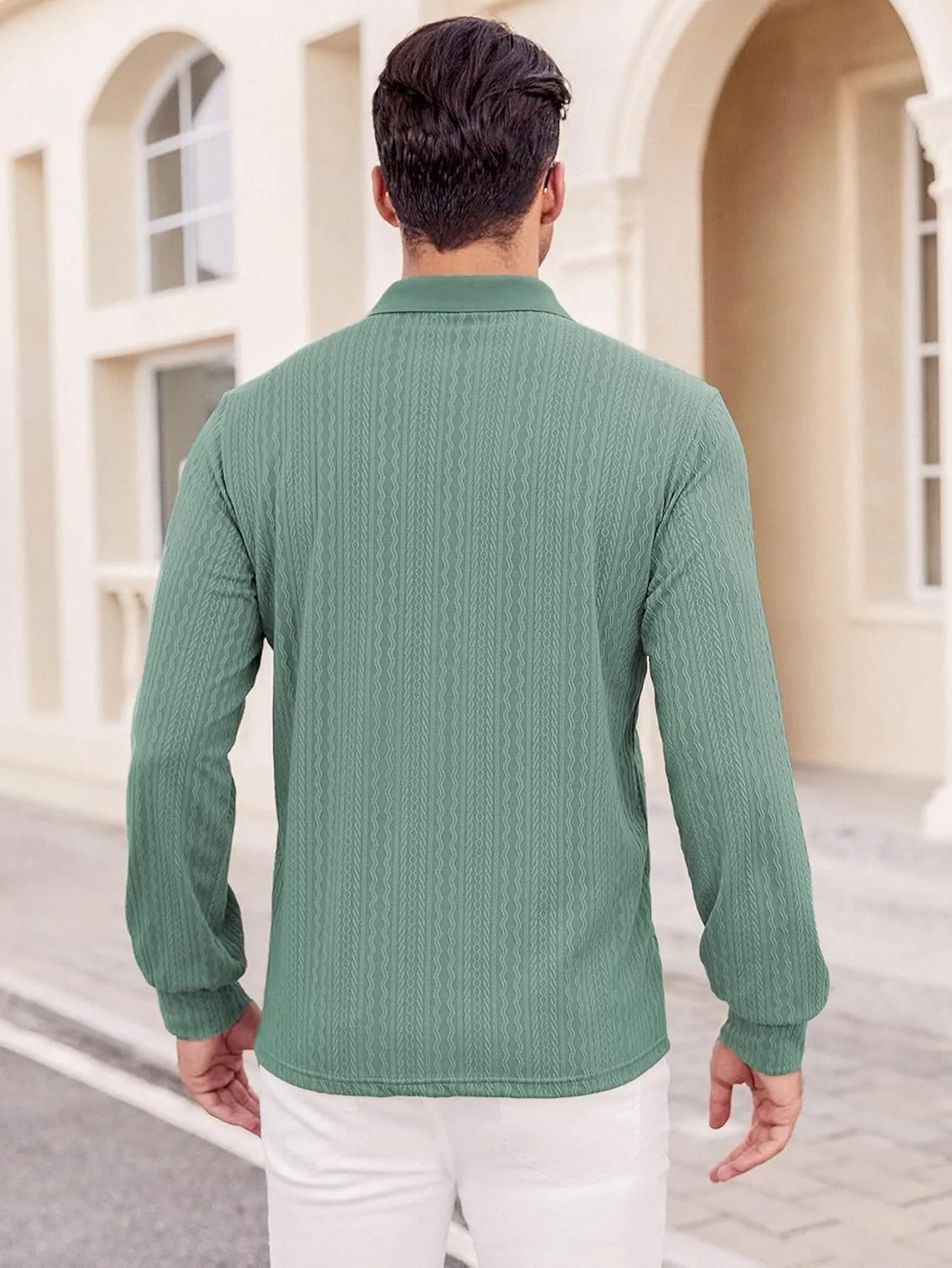 Hardaddy Men's Long Sleeve Textured Polo Shirts Casual T-Shirts Lightweight Collar Shirts