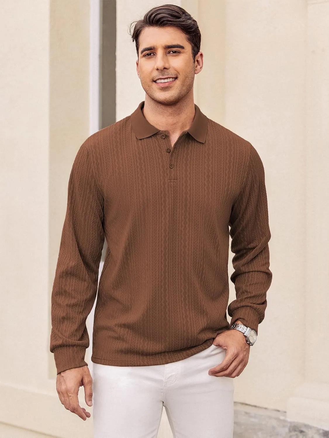 Hardaddy Men's Long Sleeve Textured Polo Shirts Casual T-Shirts Lightweight Collar Shirts