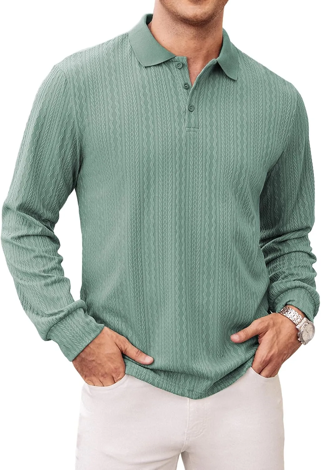 Hardaddy Men's Long Sleeve Textured Polo Shirts Casual T-Shirts Lightweight Collar Shirts