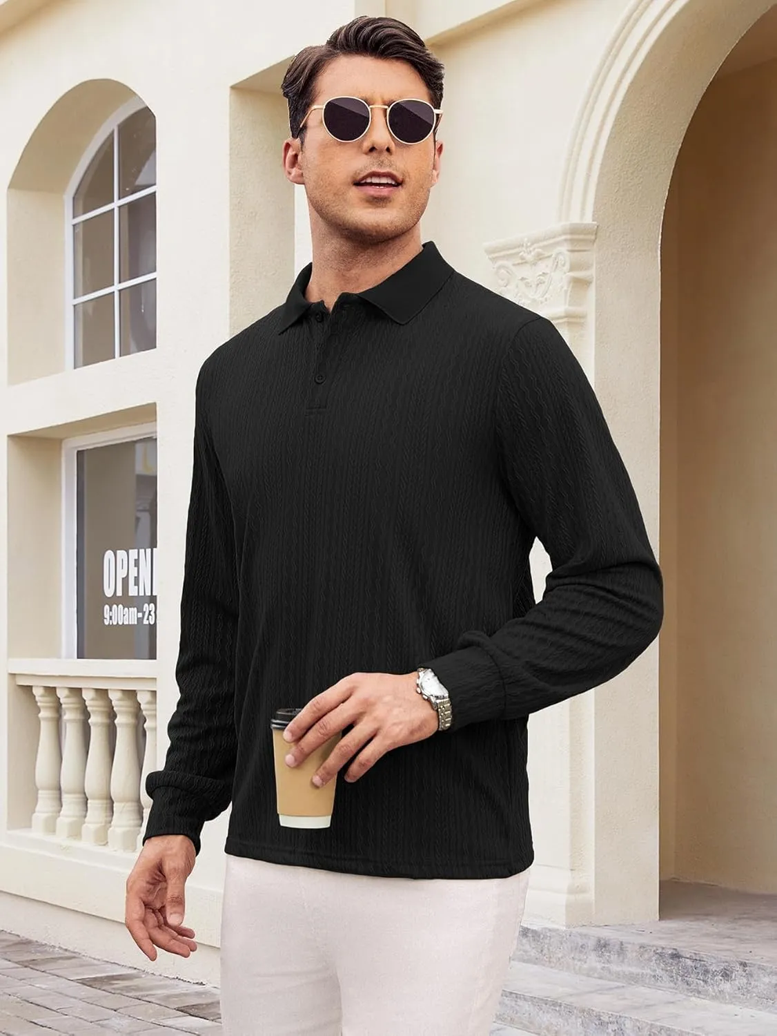 Hardaddy Men's Long Sleeve Textured Polo Shirts Casual T-Shirts Lightweight Collar Shirts