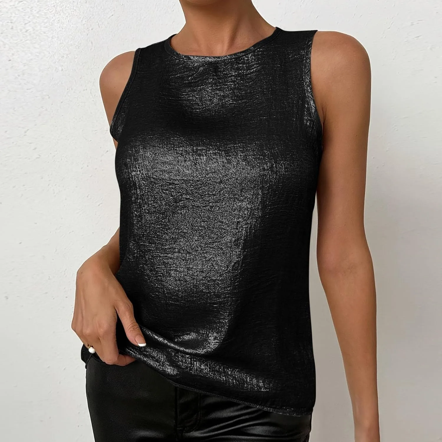 HGps8w Women's Shimmer Velvet Tank Tops Dressy Crew Neck Seeveless Cute Sparkle Glitter Party Disco Tee Shirts