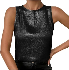HGps8w Women's Shimmer Velvet Tank Tops Dressy Crew Neck Seeveless Cute Sparkle Glitter Party Disco Tee Shirts