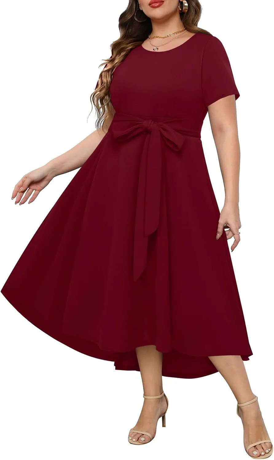 Holipick Women's Plus Size High Low Dress Wedding Guest Semi Formal Short Sleeves Long Cocktail Dresses with Pockets